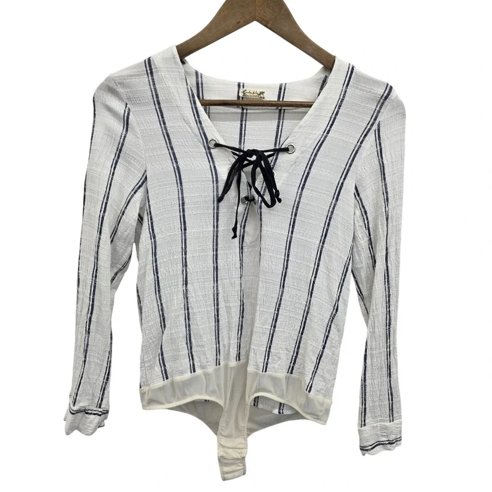 Free People Intimately Womens S Bodysuit Lace Up Striped Long Sleeve Boho Casual